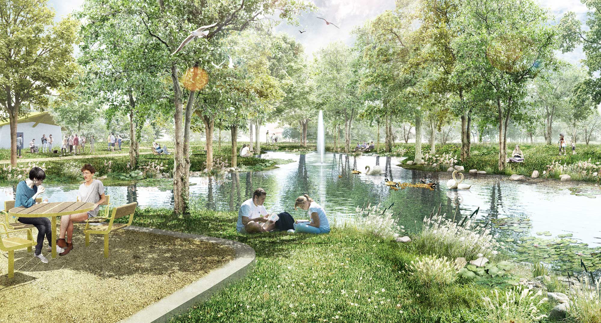 Ein Park mit einem See und einer Fontäne in der Mitte, umgeben von Bäumen und Grünflächen, mit Menschen, die sitzen, lesen und spazieren gehen, sowie Schwänen und Enten im Wasser.