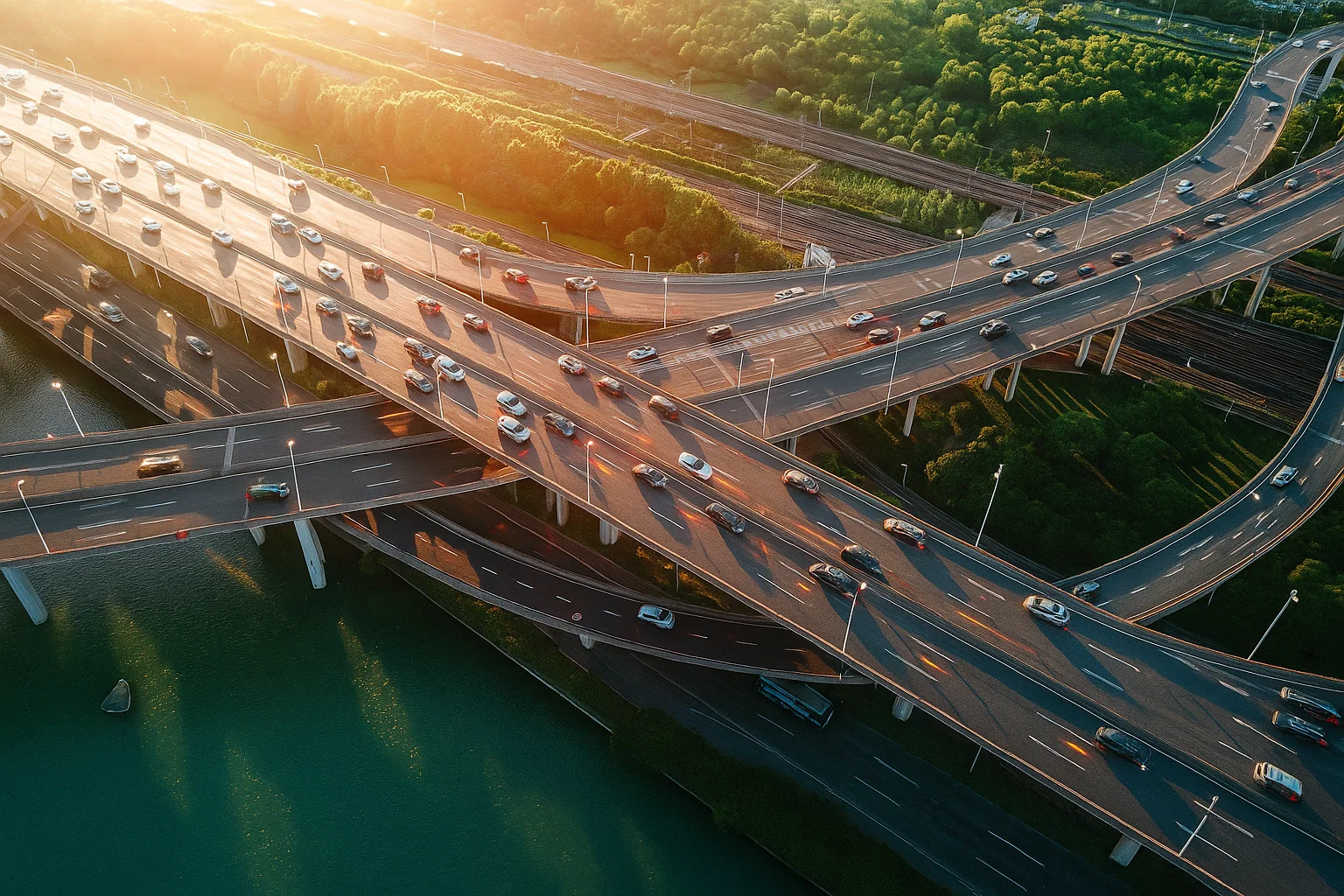 An aerial view of a busy highway intersection.