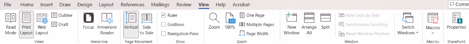 menu view microsoft word