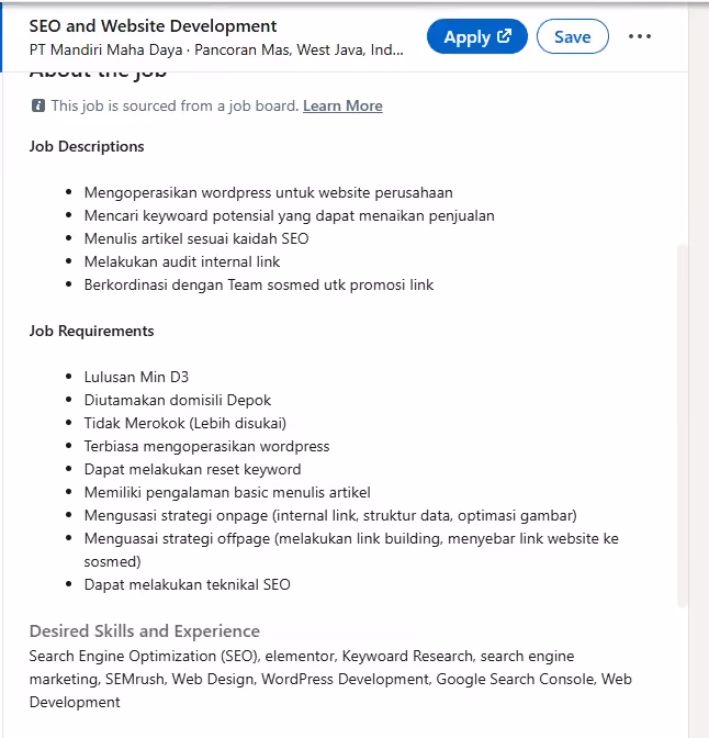 lowongan pekerjaan SEO Specialist dalam Bahasa Indonesia