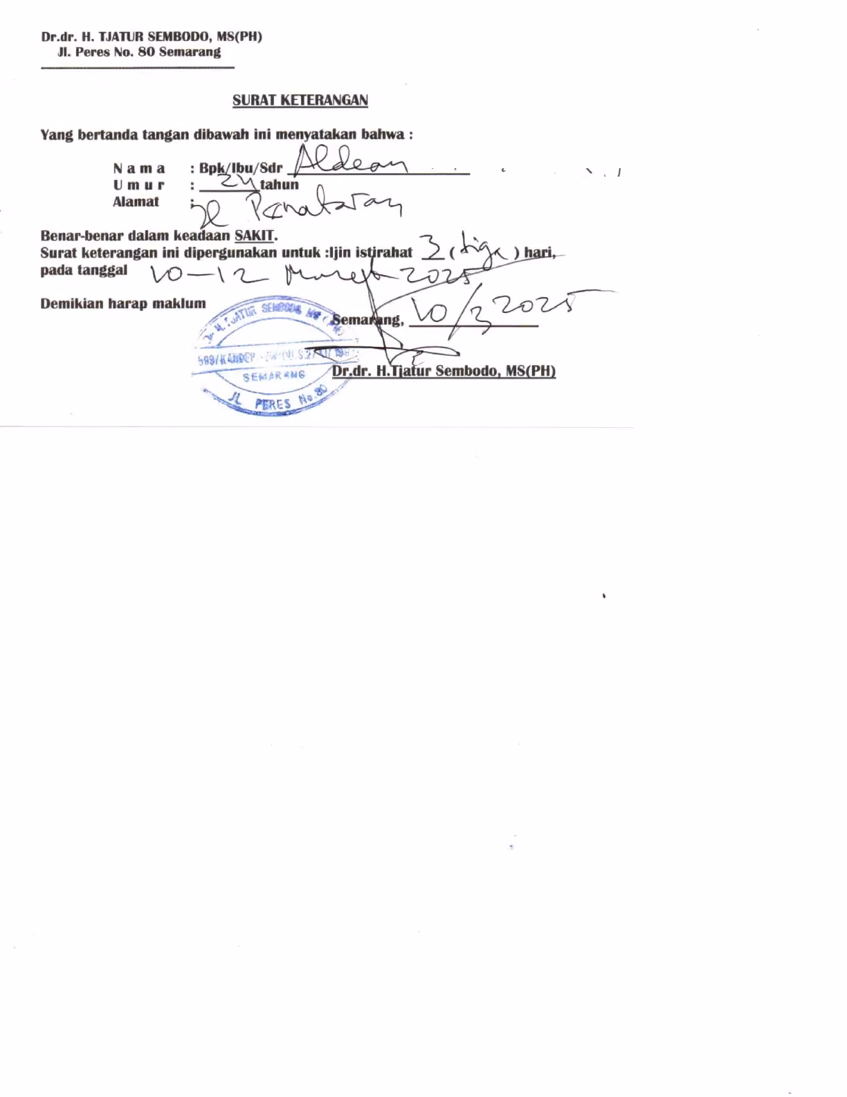 contoh surat izin sakit dokter