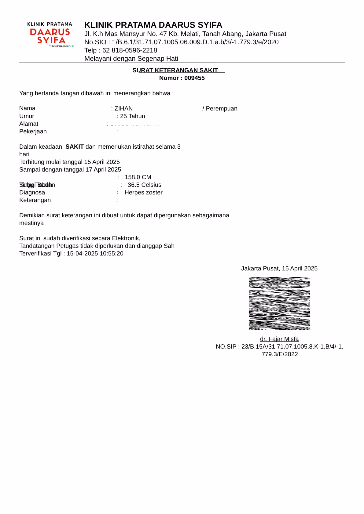 contoh surat izin sakit dari klinik