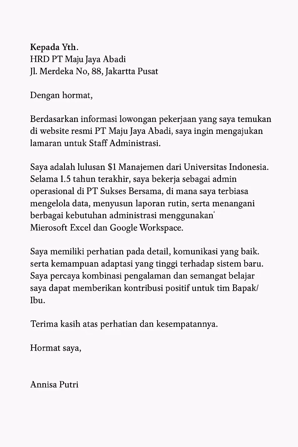 Contoh surat lamaran kerja di PT