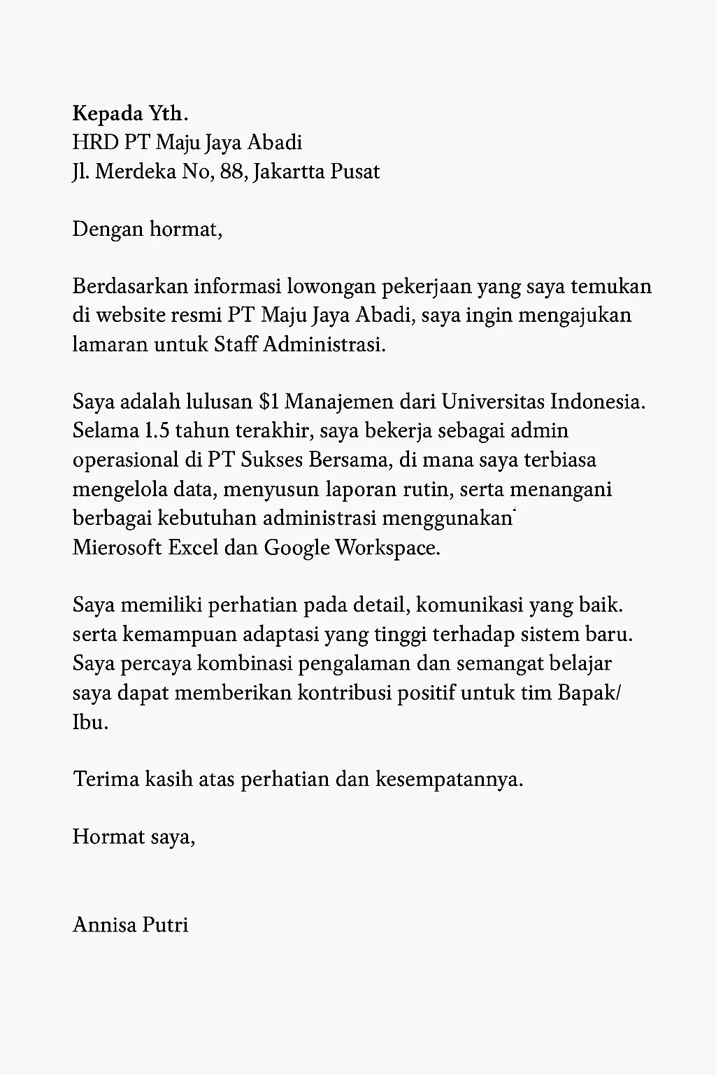 Contoh surat lamaran kerja di PT