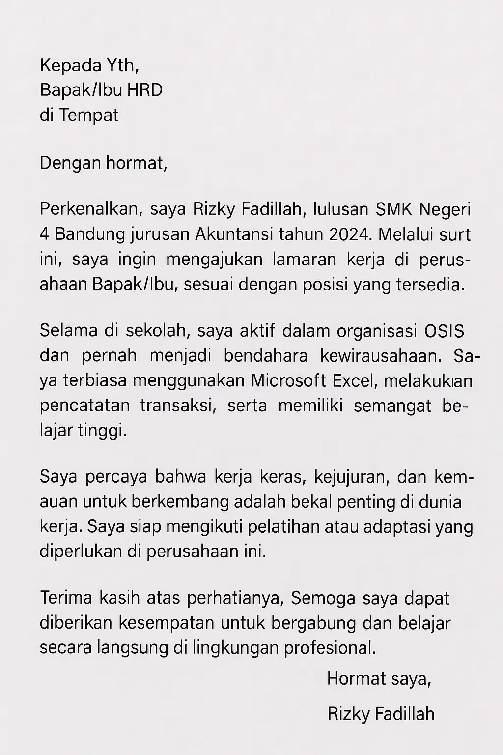 Contoh surat lamaran kerja fresh graduate