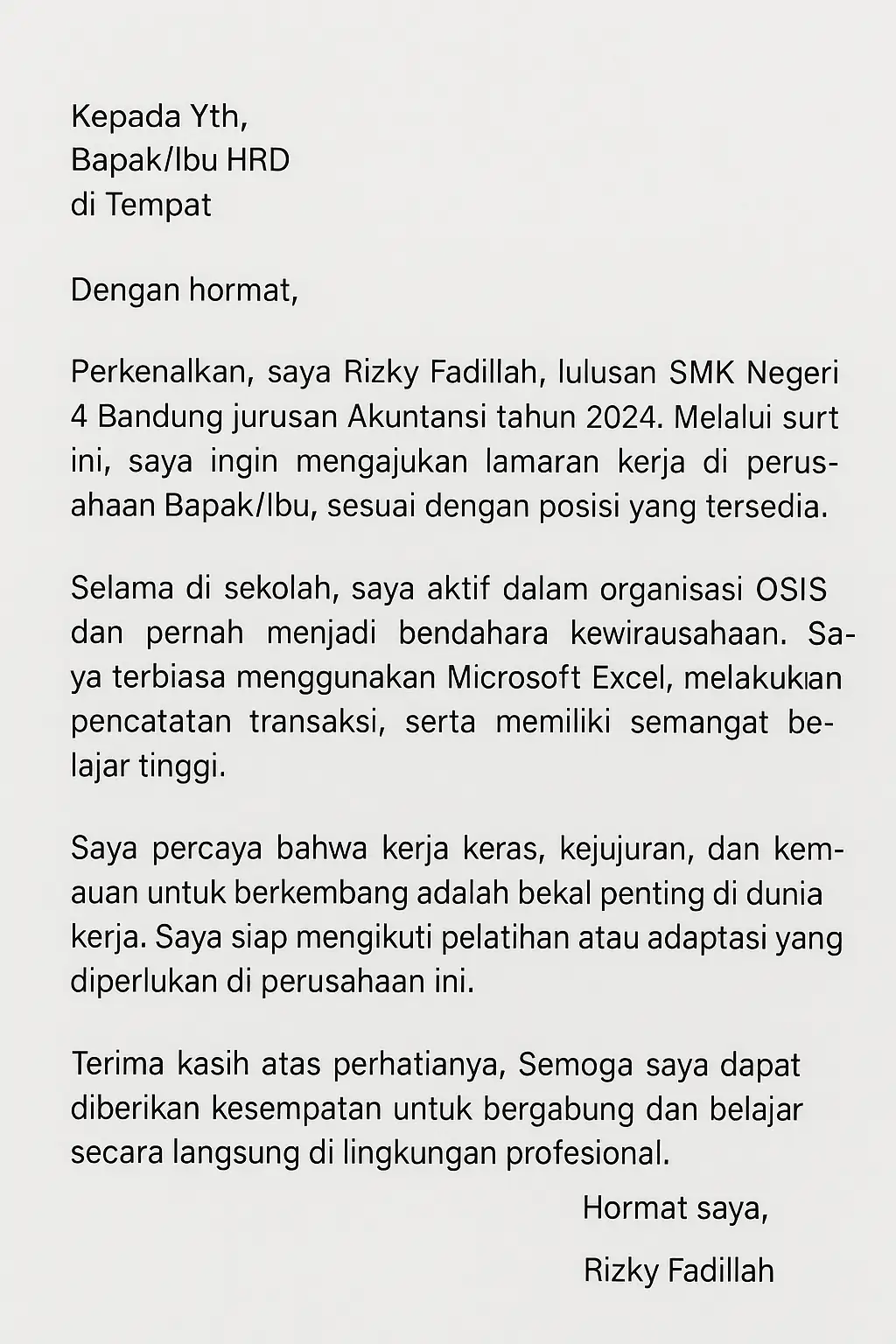 Contoh surat lamaran kerja fresh graduate