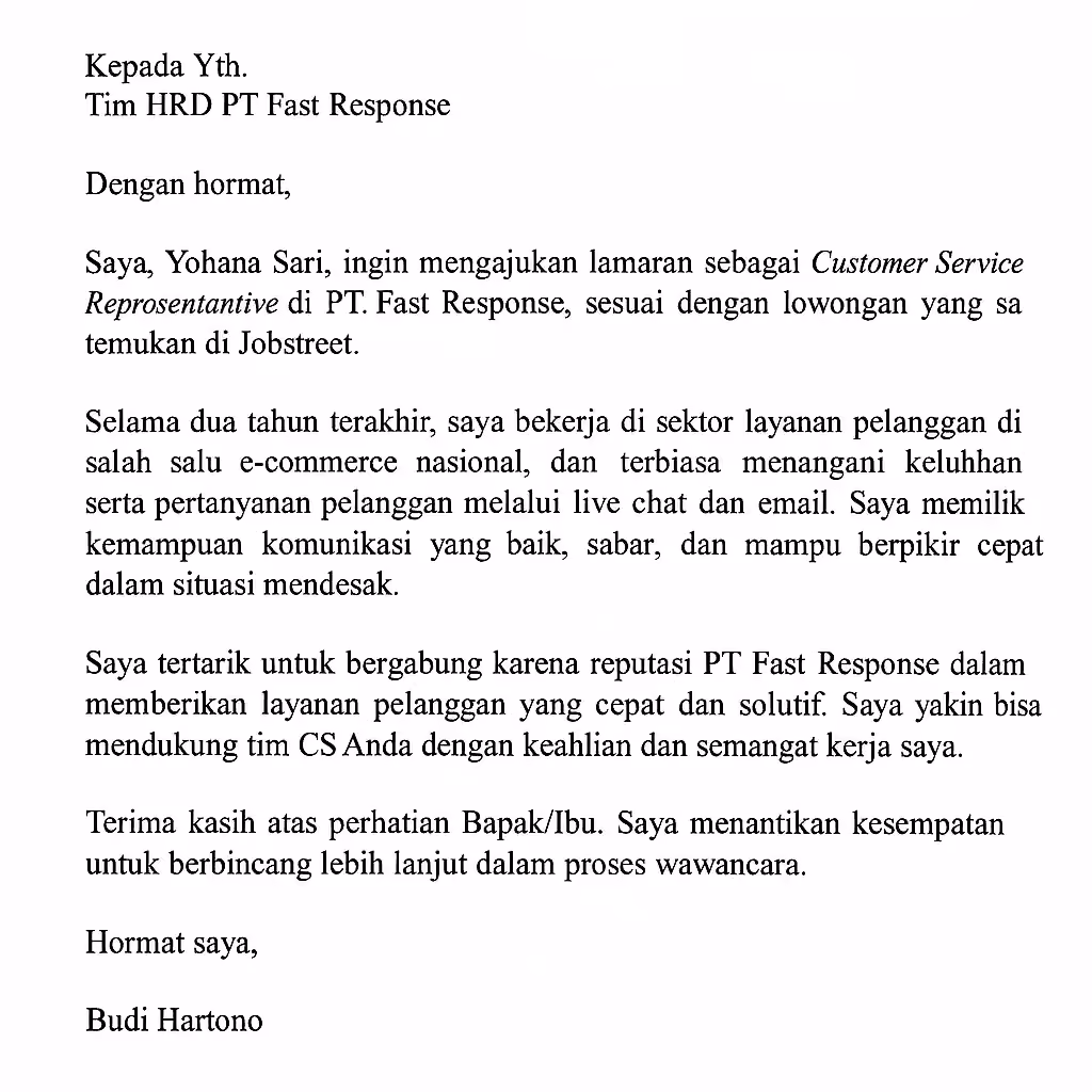 Contoh surat lamaran kerja customer service (CS)