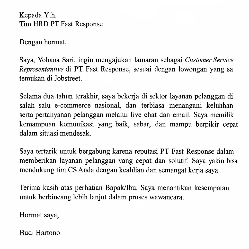 Contoh surat lamaran kerja customer service (CS)