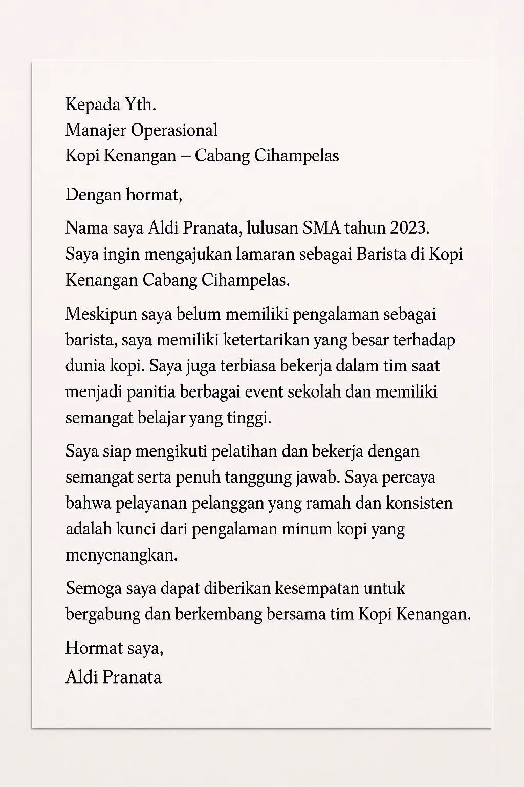 Contoh surat lamaran kerja sebagai barista