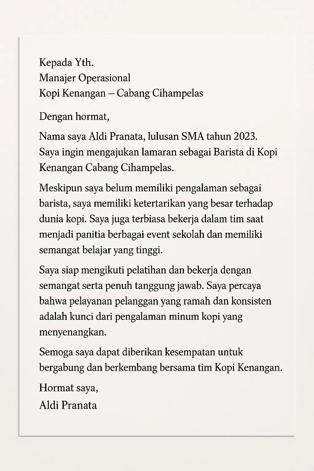 Contoh surat lamaran kerja sebagai barista