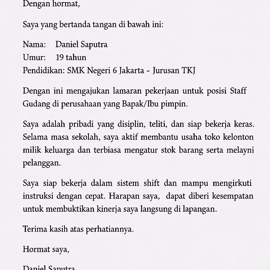 Contoh surat lamaran kerja untuk lulusan SMK