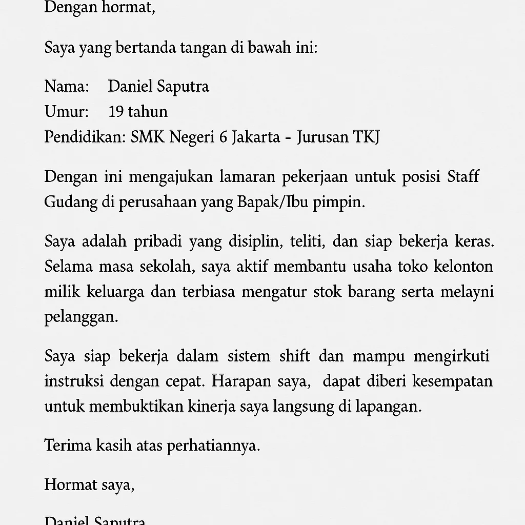 Contoh surat lamaran kerja untuk lulusan SMK
