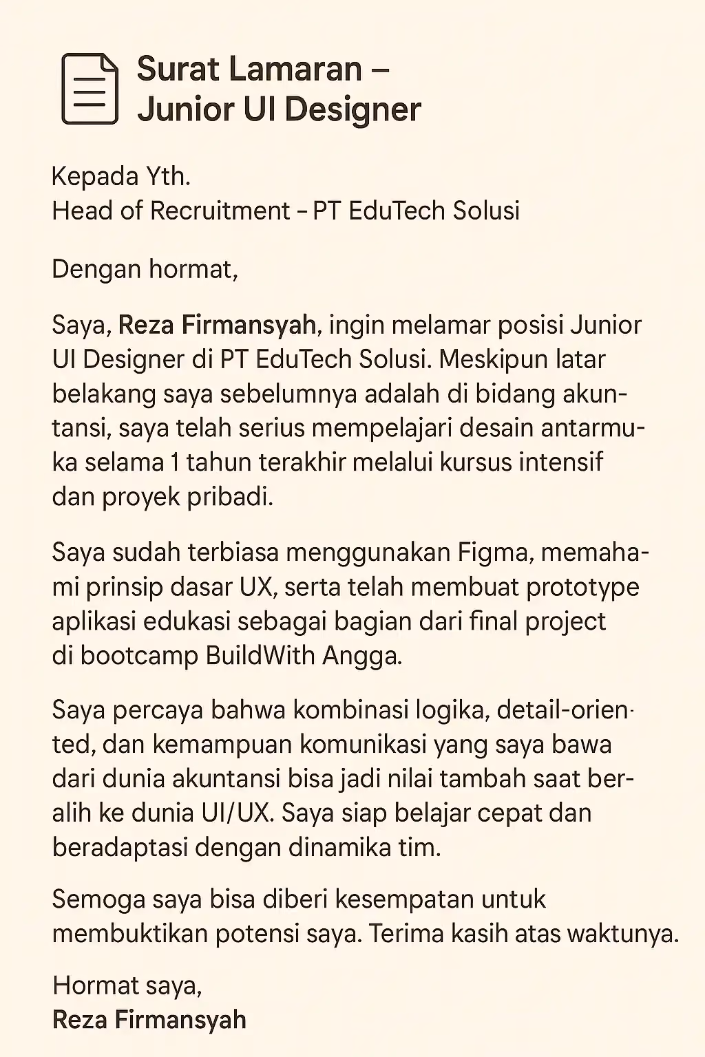 Contoh surat lamaran kerja untuk magang