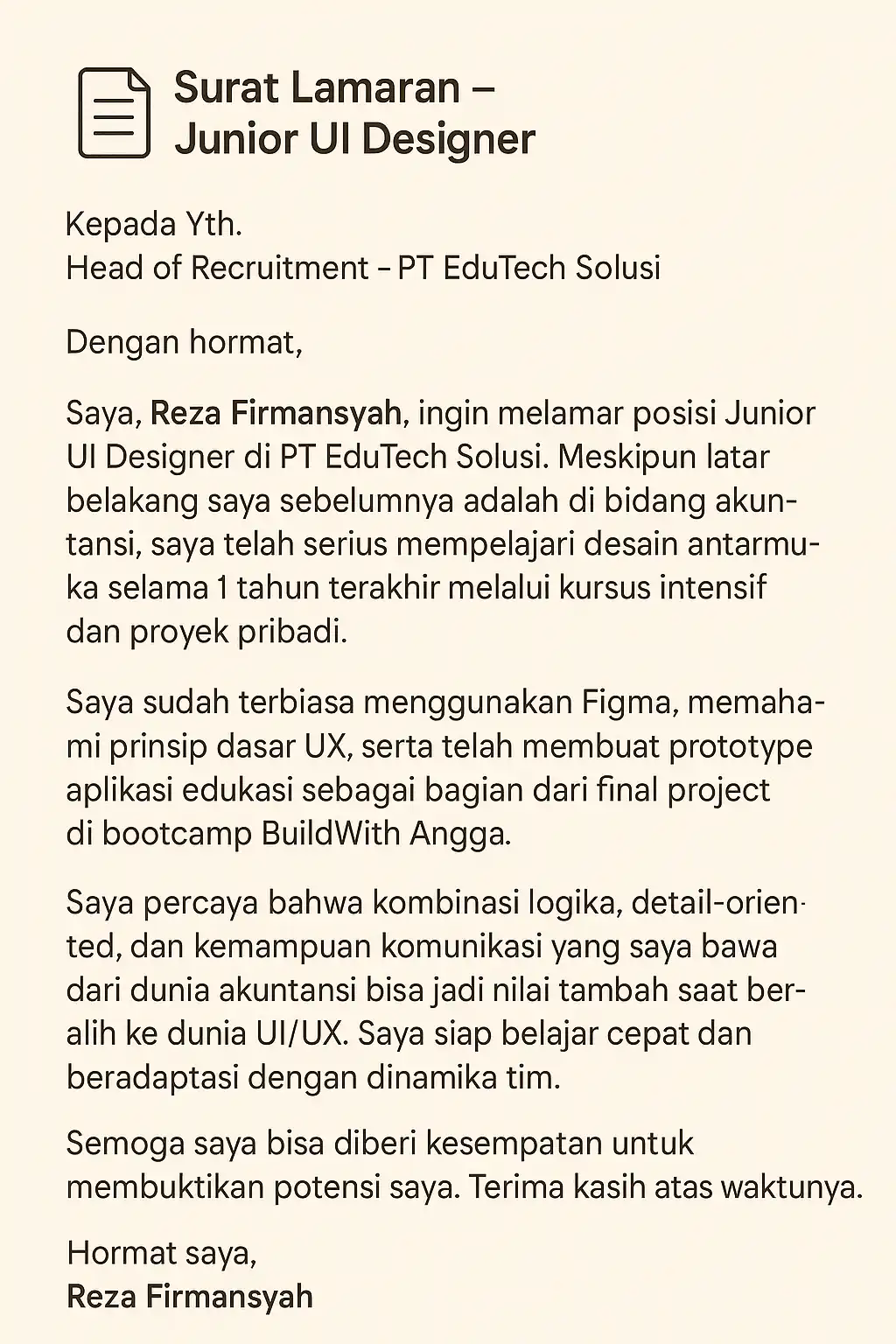 Contoh surat lamaran kerja untuk magang