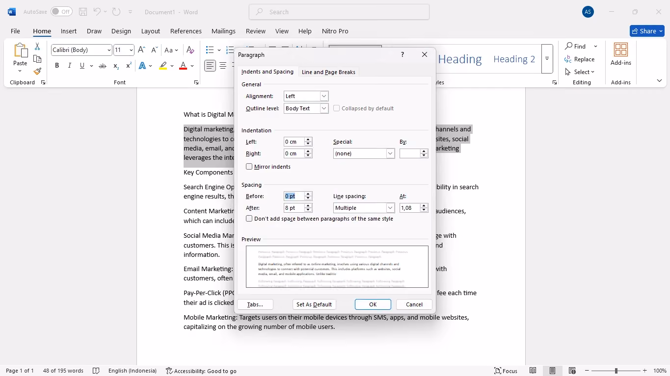 Atur line spacing dan spasi paragraf