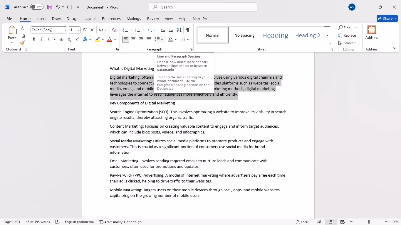 Gunakan shortcut line spacing bila butuh cepat