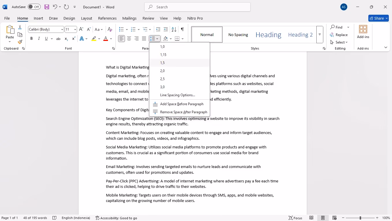 cara mengatur spasi di word