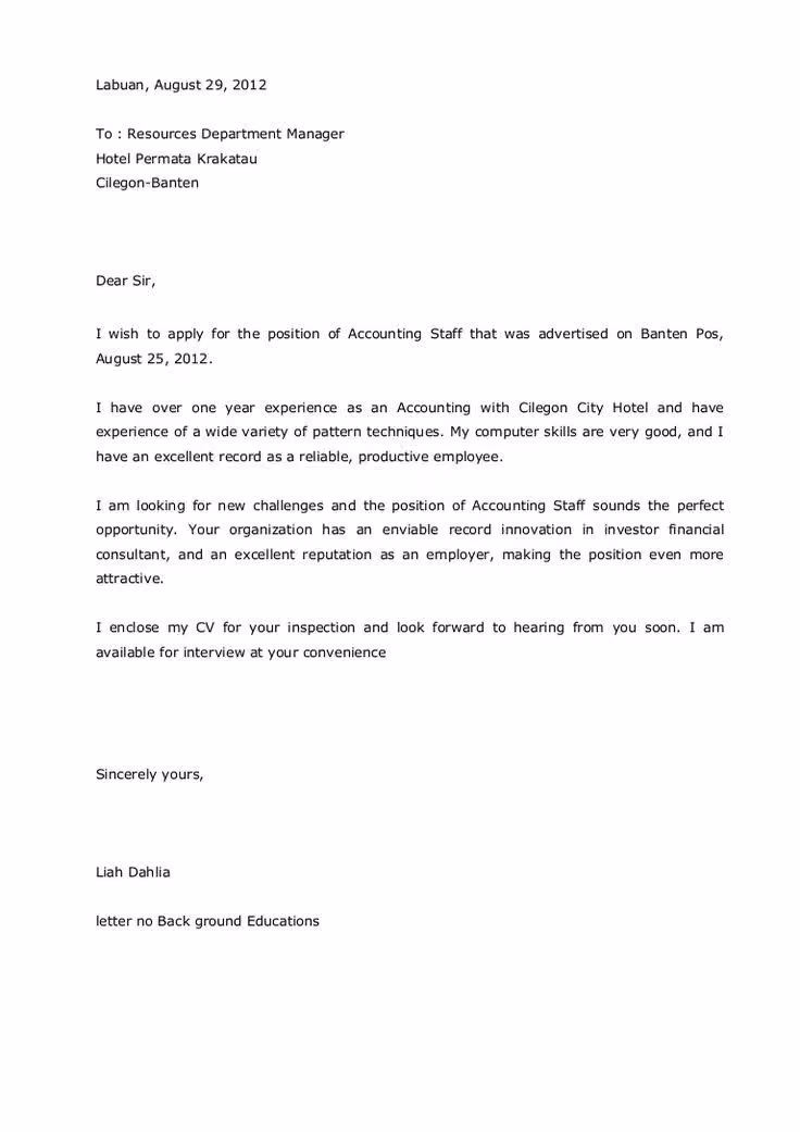 Surat lamaran kerja accounting staff bahasa inggris
