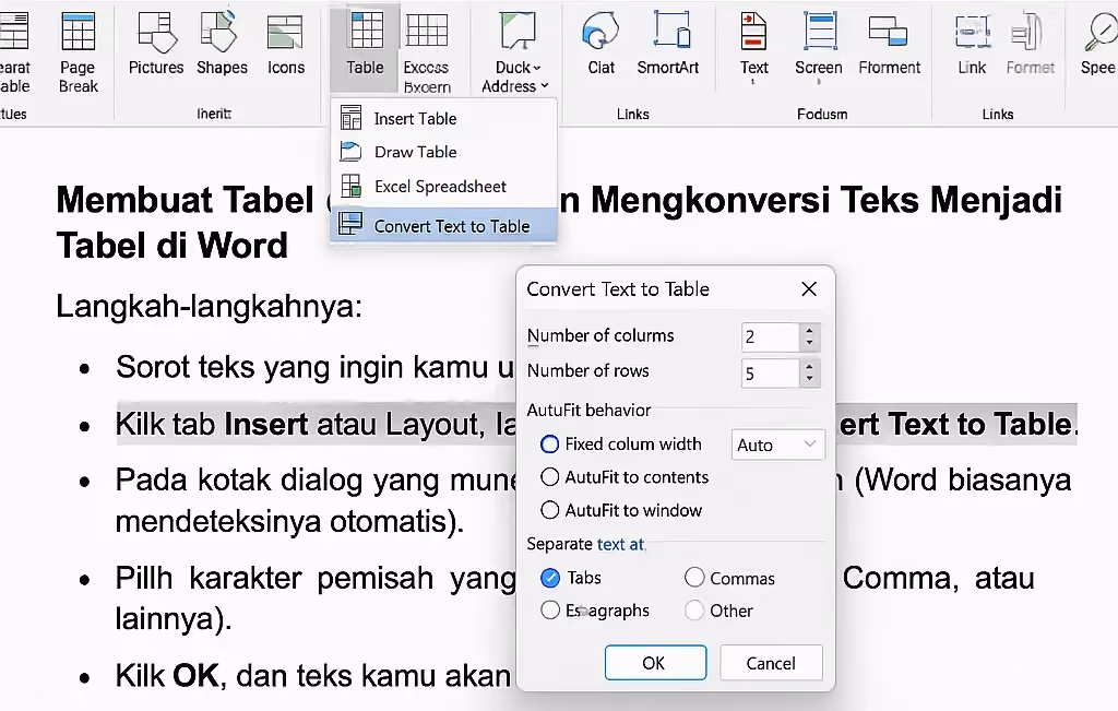 Mengkonversi Teks Menjadi Tabel di Word