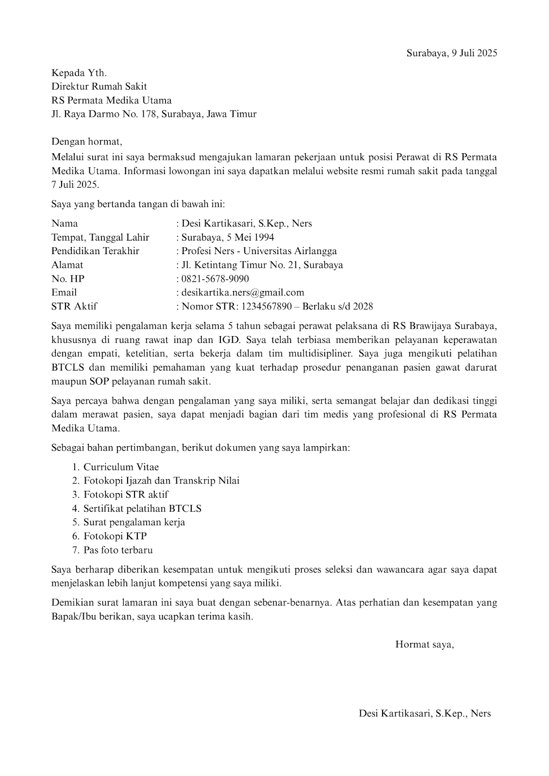 Surat Lamaran Kerja Perawat