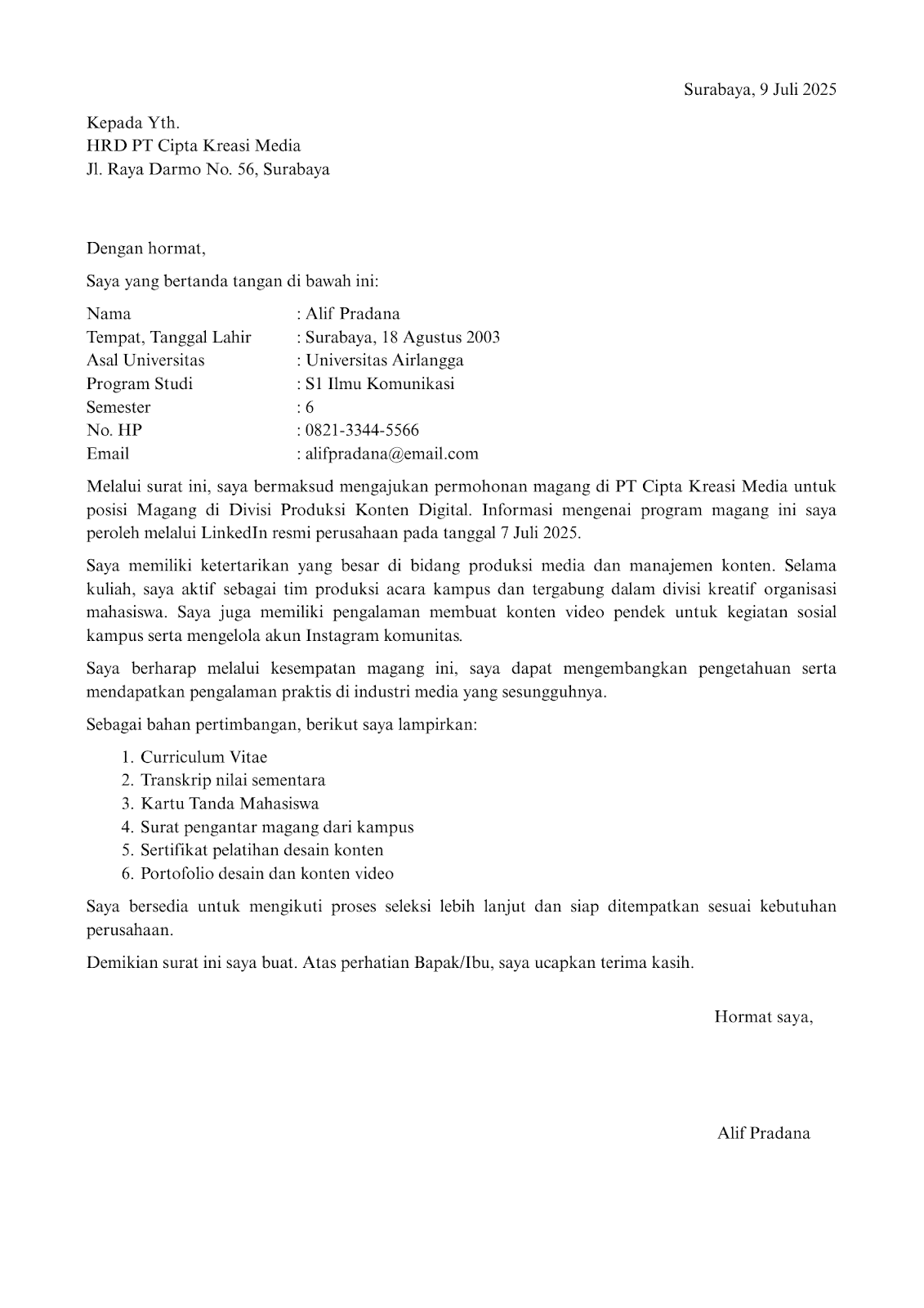 Surat Lamaran Kerja Magang