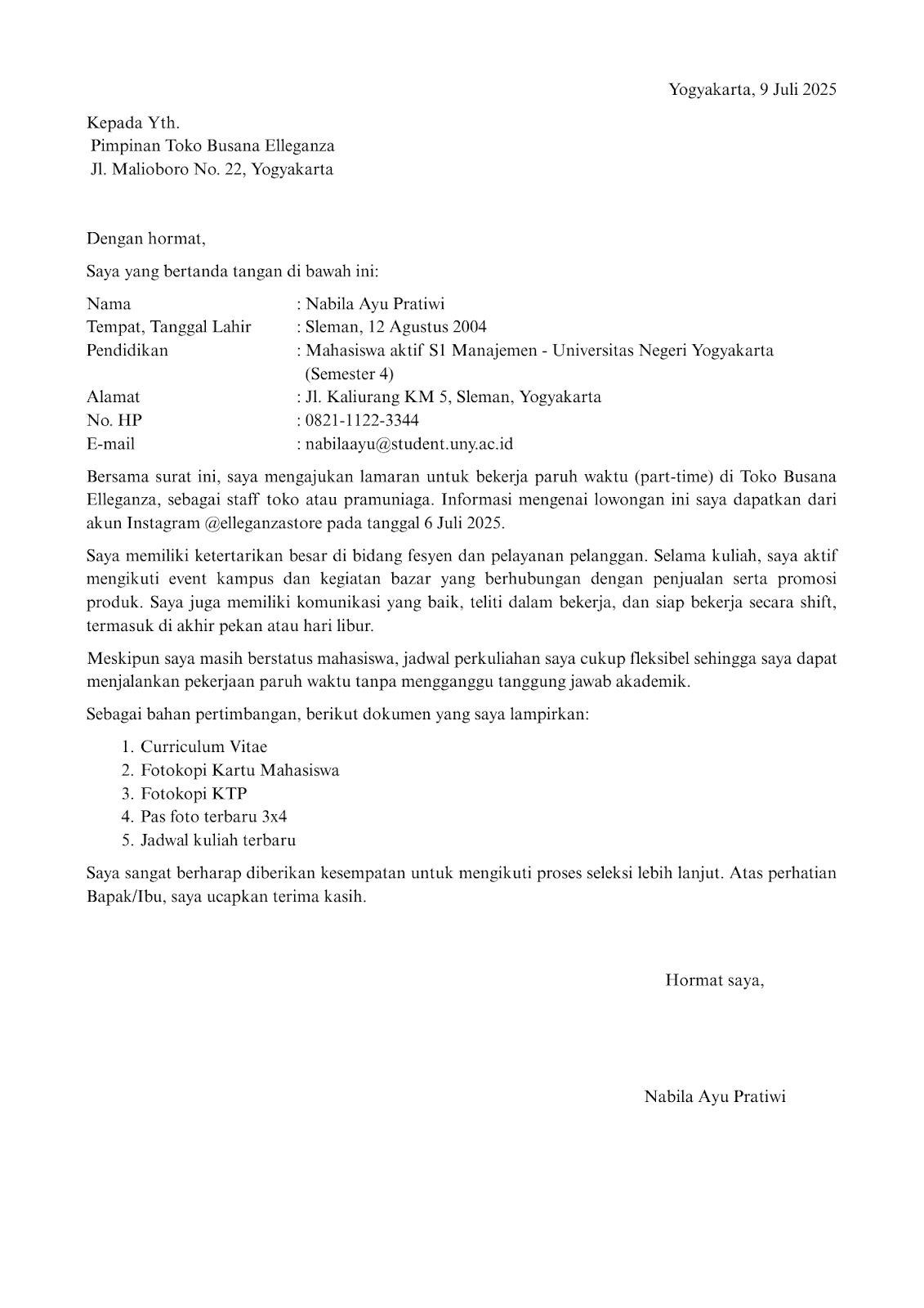 Surat Lamaran Kerja Part-Time