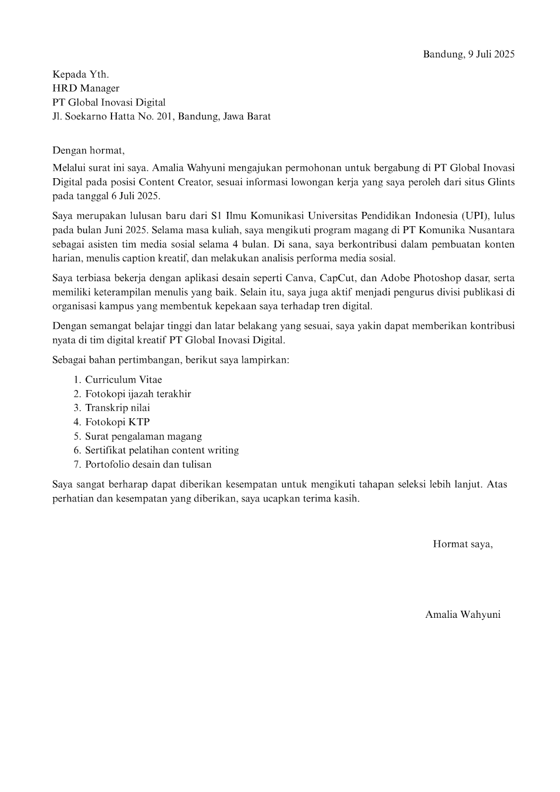 Surat Lamaran Kerja Fresh Graduate