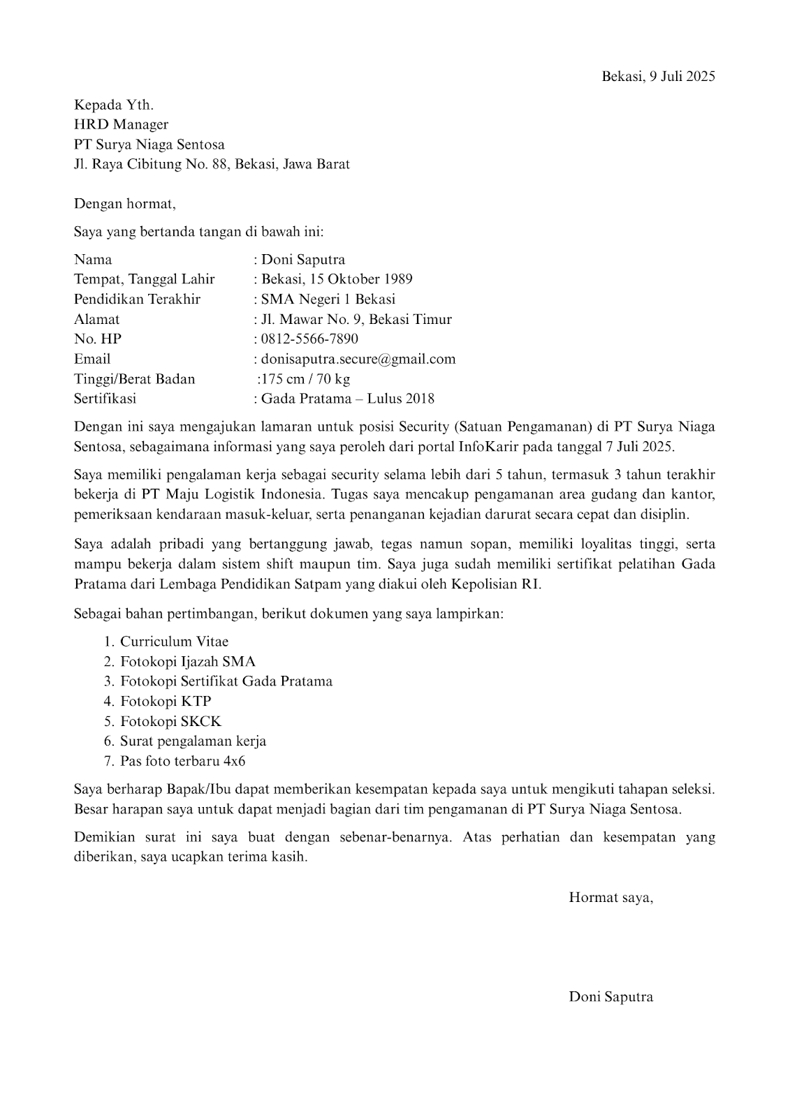 Surat Lamaran Kerja Security