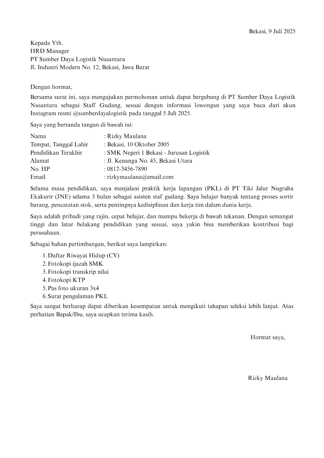 Surat Lamaran Kerja Lulusan SMK
