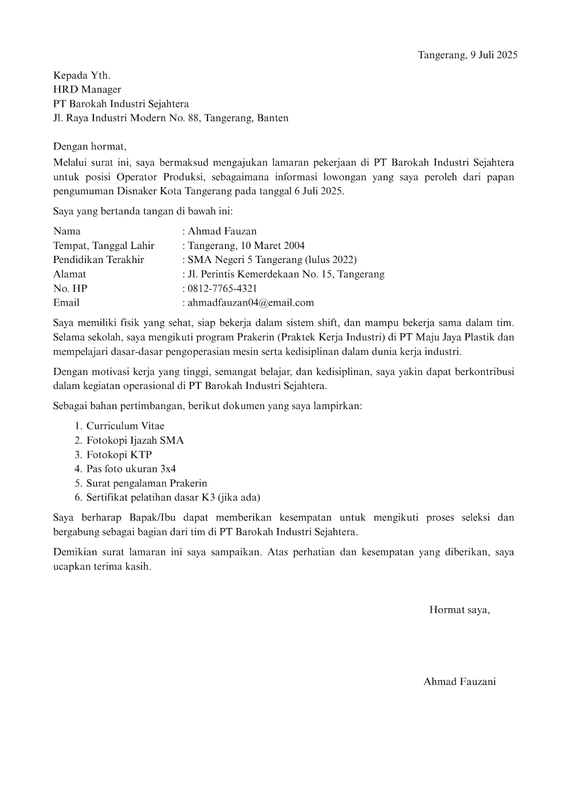 Surat Lamaran Kerja Pabrik