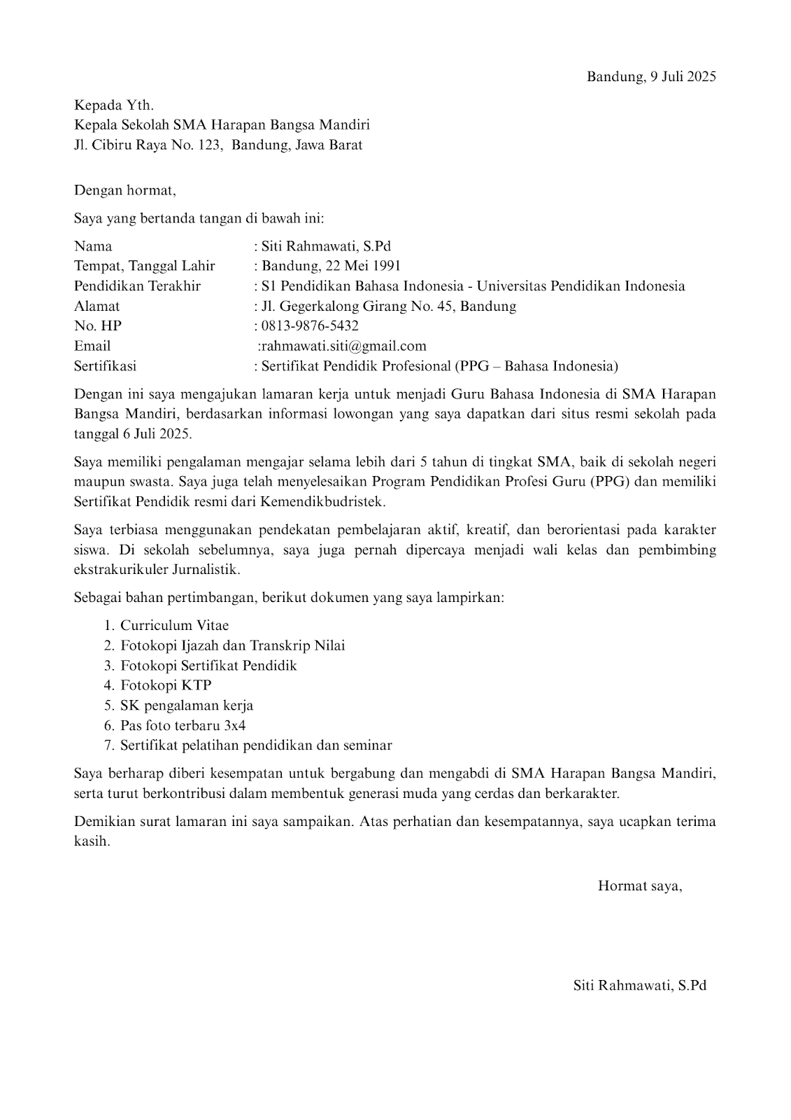 Surat Lamaran Kerja Guru