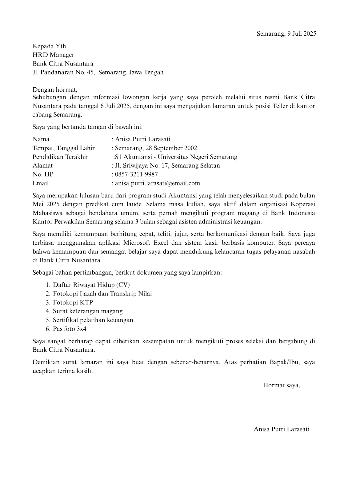 Surat Lamaran Kerja Bank