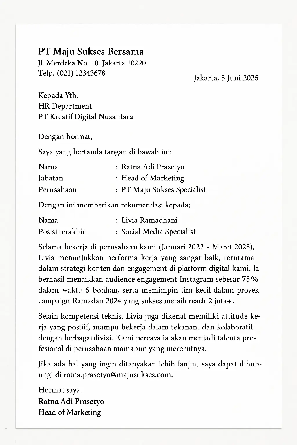 Surat rekomendasi kerja karyawan full-time