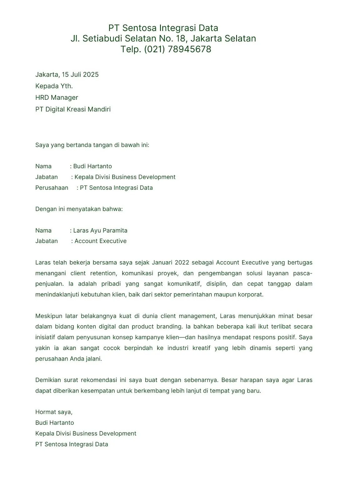 Contoh surat rekomendasi kerja untuk karyawan