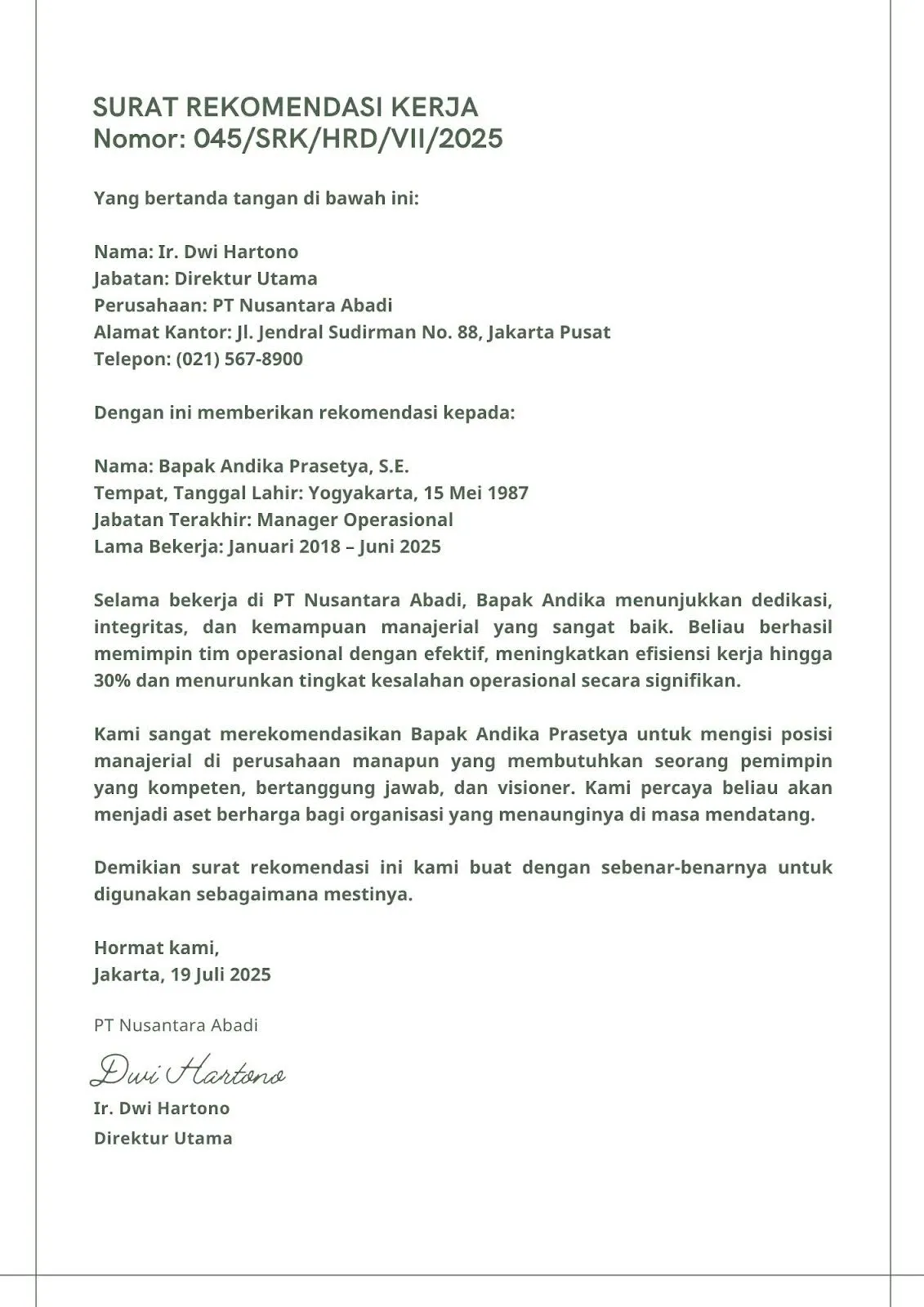 Contoh surat rekomendasi kerja posisi manager