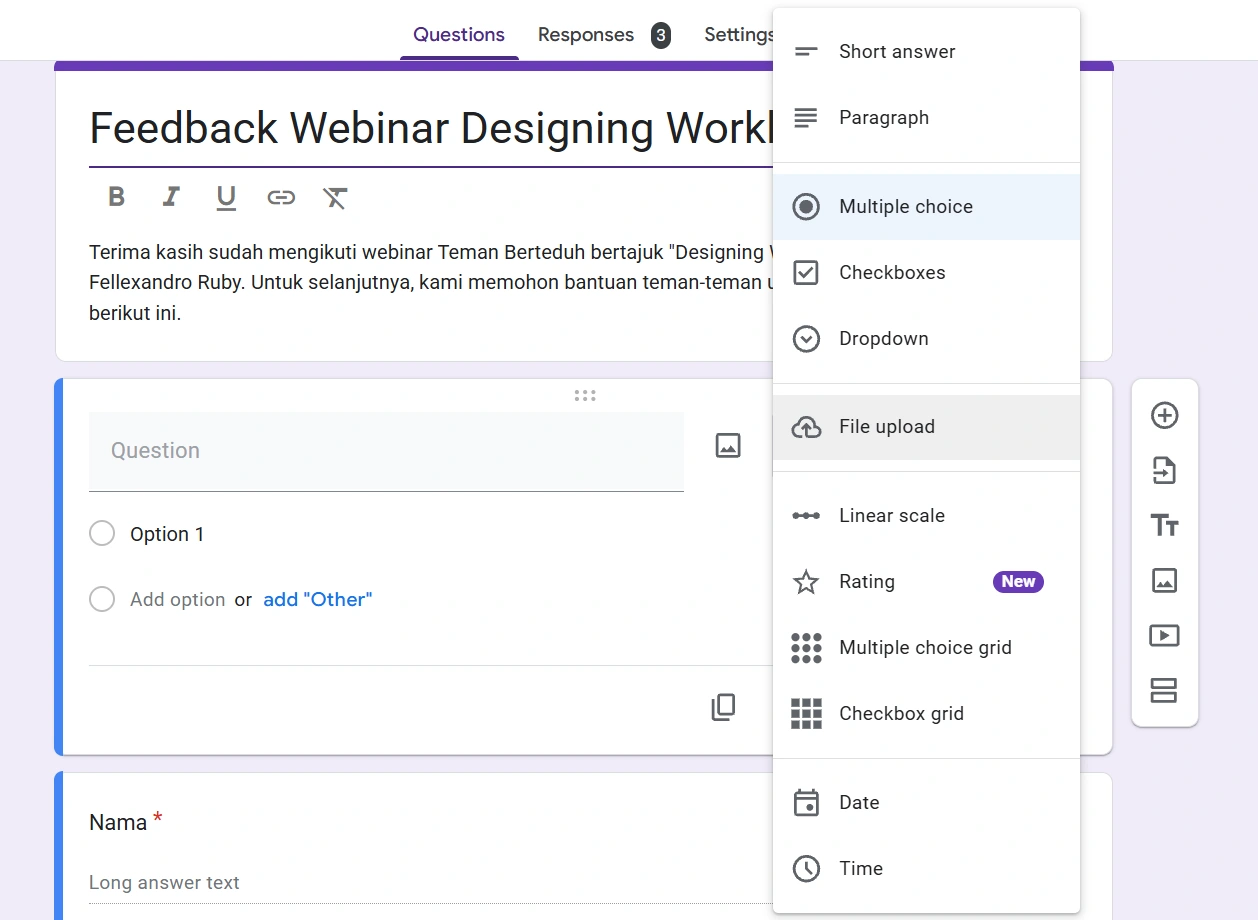 Cara membuat pertanyaan di Google Form