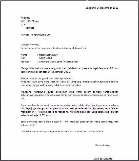Contoh surat pengunduran diri alasan keluarga