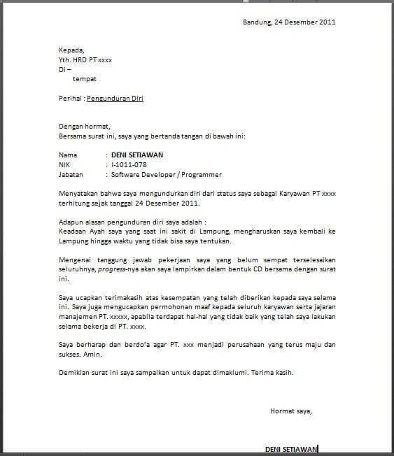 Contoh surat pengunduran diri alasan keluarga