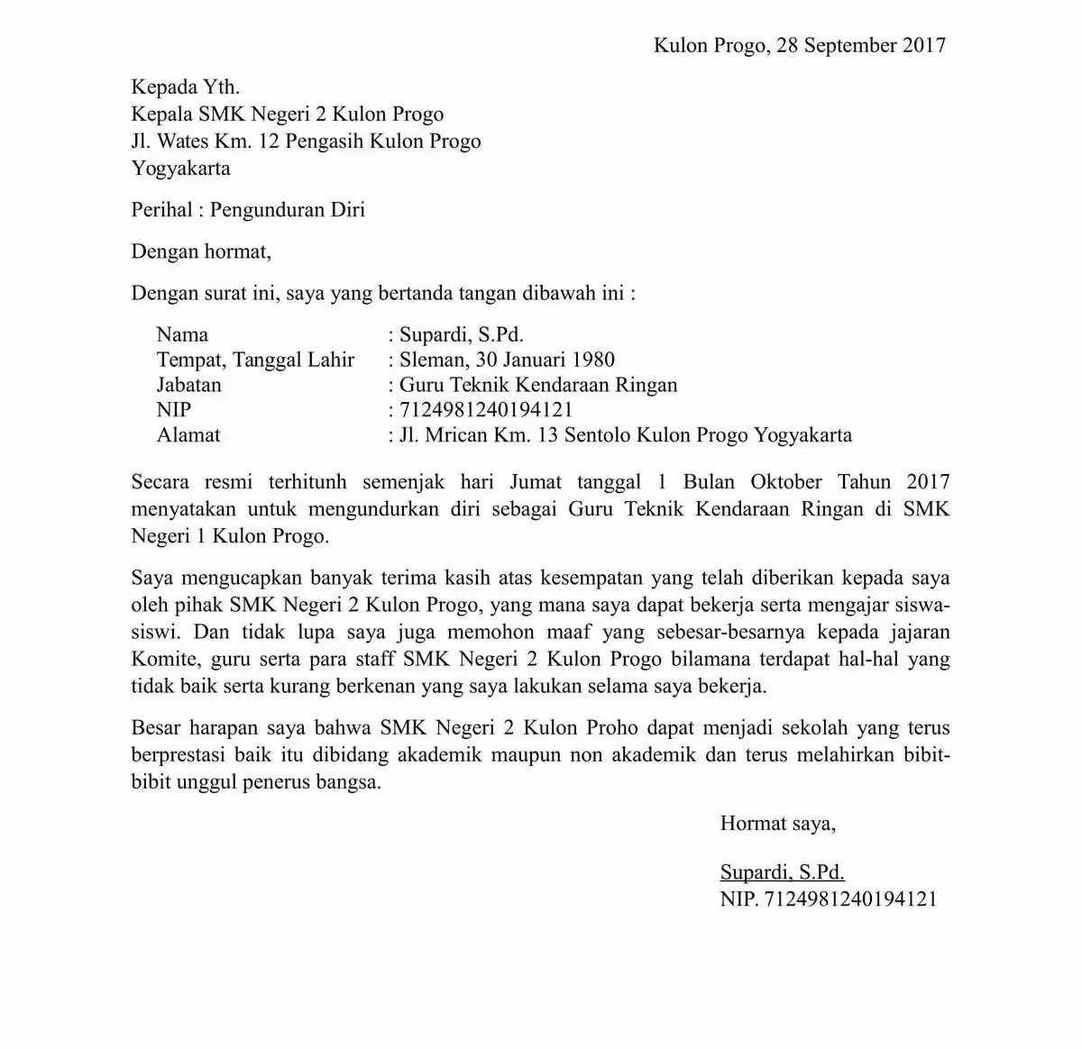 Contoh surat pengunduran diri guru