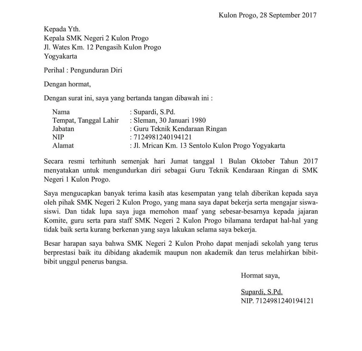 Contoh surat pengunduran diri guru