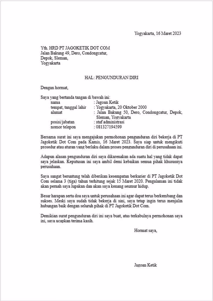 Contoh surat pengunduran diri alasan pribadi