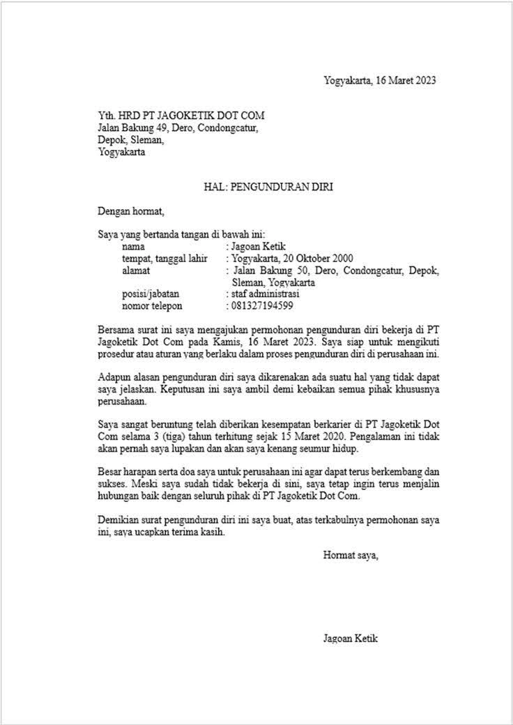 Contoh surat pengunduran diri alasan pribadi