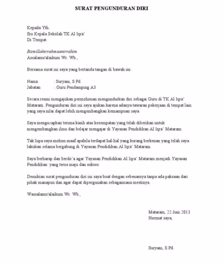 contoh surat resign mendaoat pekerjaan baru