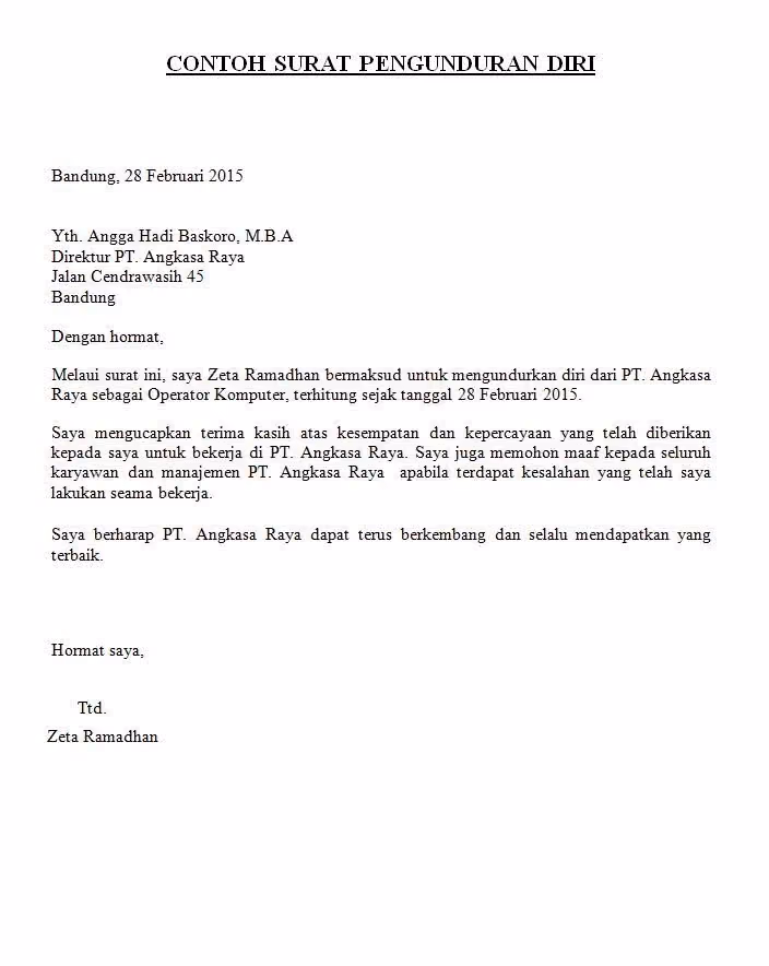 Contoh surat pengunduran diri operator