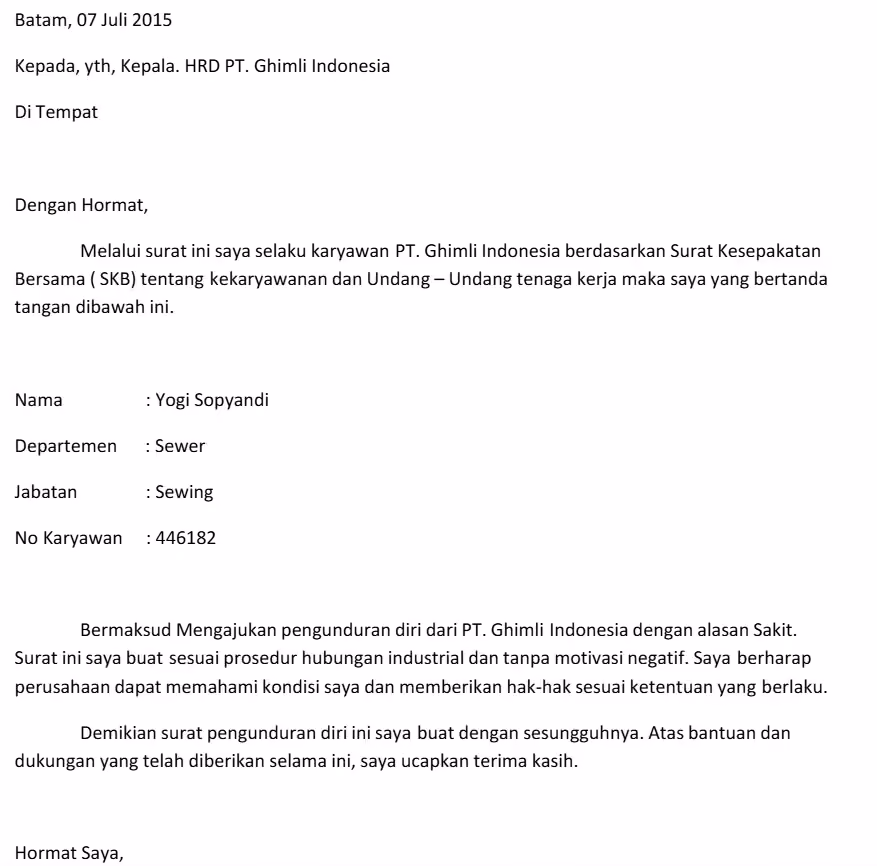Contoh surat resign alasan sakit