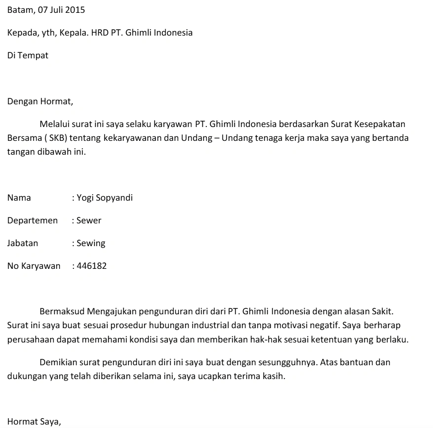 Contoh surat resign alasan sakit