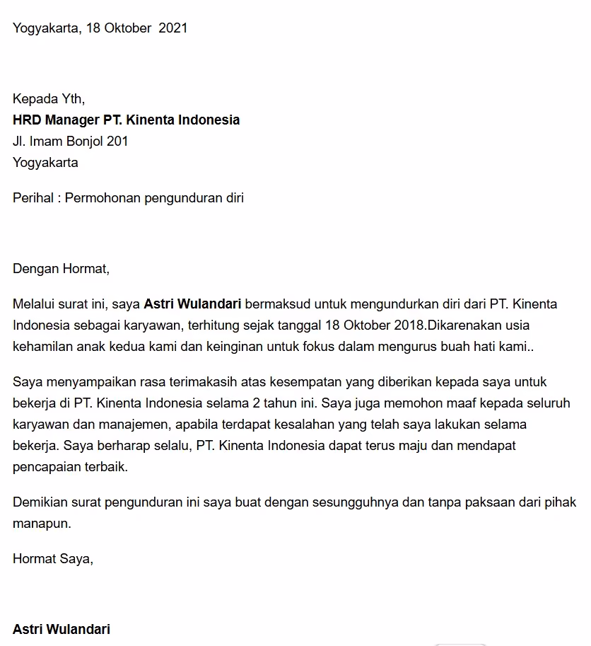 Contoh surat resign alasan kehamilan