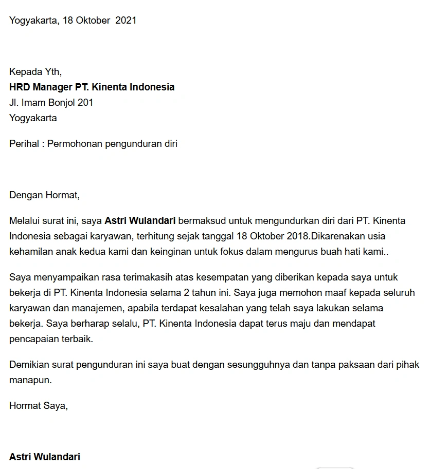 Contoh surat resign alasan kehamilan