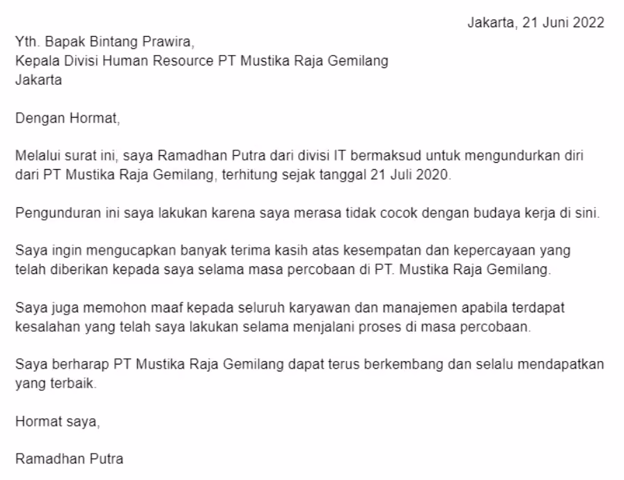Contoh surat resign masa probation