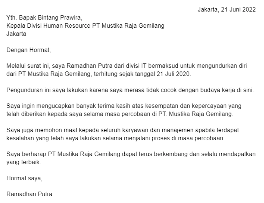 Contoh surat resign masa probation